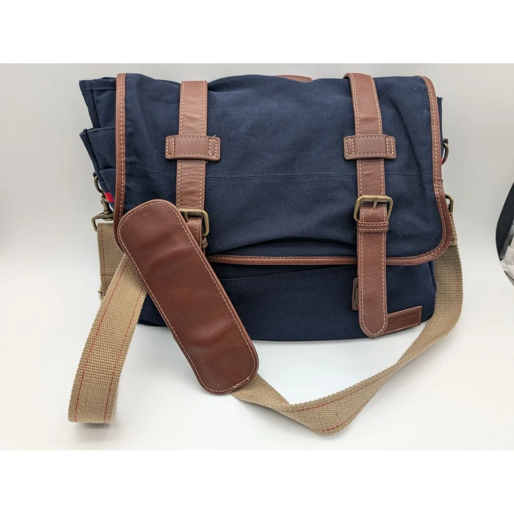 Tommy Hilfiger Navy Blue Canvas Messenger Bag Leather Trim Laptop Sleeve Mens